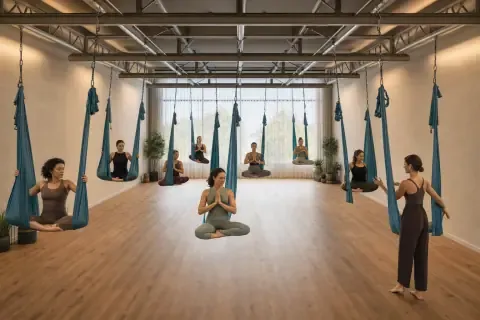 Nurvana's Aerial Fitness room concept with fabric hammocks for aerial yoga suspended from an overhead rig.