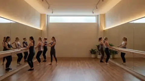 Nurvana's barre room concept: practitioners at a ballet barre facing a mirrored wall.