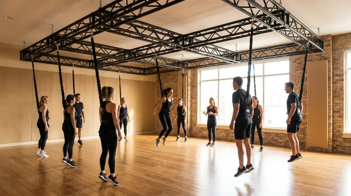 Concept render of Nurvana's Aerial Fitness room: bungee cords on a steel truss rig for suspended, low-impact group training (the studio's actual rig is floor-mounted).