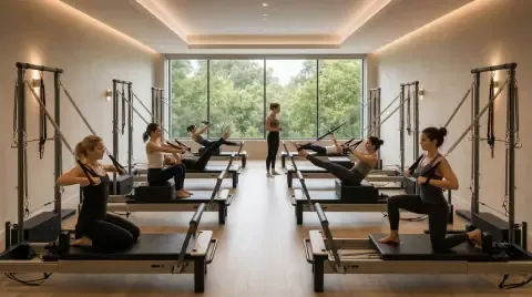 Nurvana's Reformer Pilates room concept with half-tower reformers in use by a small group.