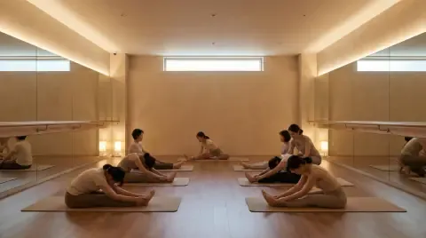 Nurvana's stretching room concept: practitioners in seated forward folds on mats in a softly lit studio.